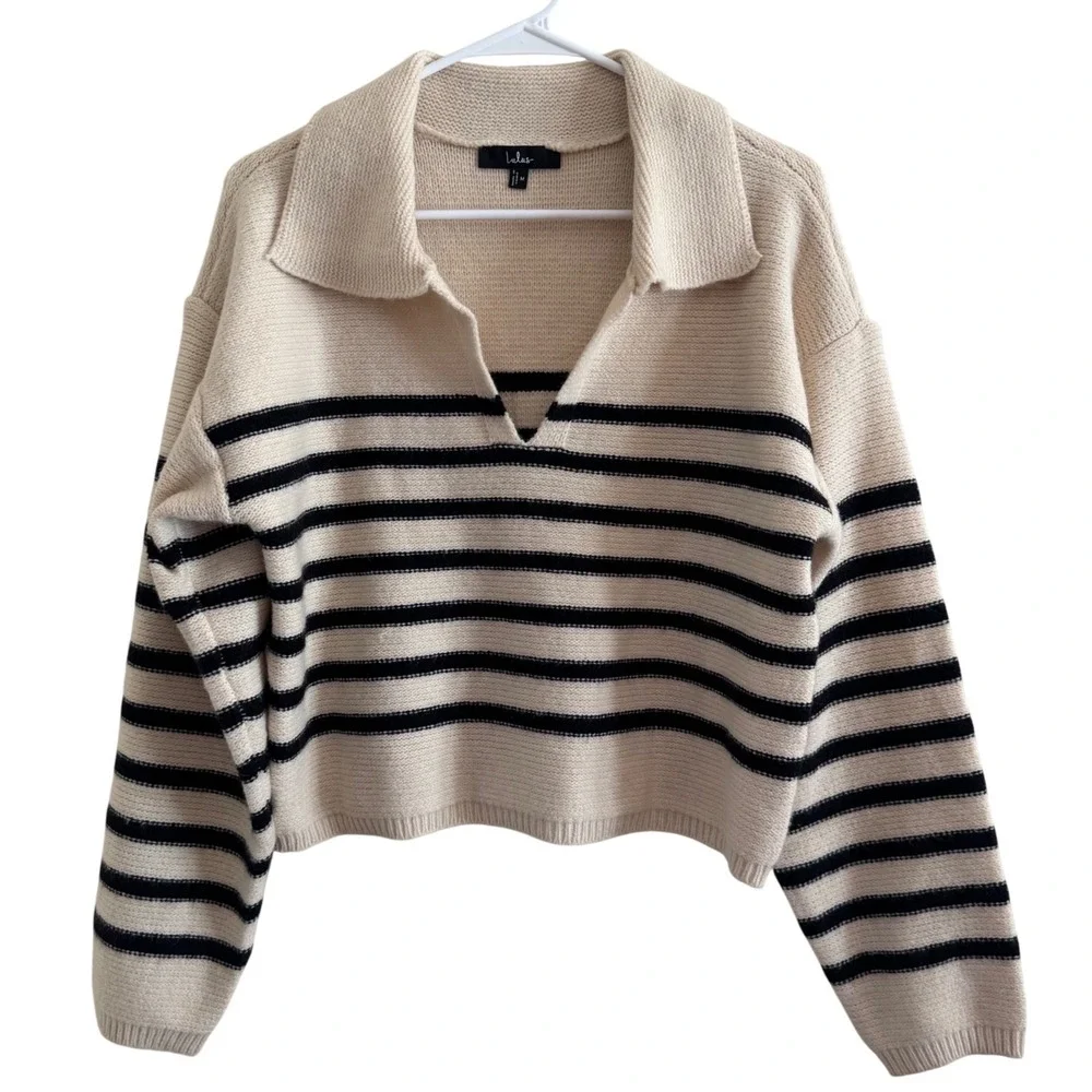 Lulu's‎ Timeless Energy Ivory Striped Collared Pullover Sweater Size Medium - Picture 4 of 9